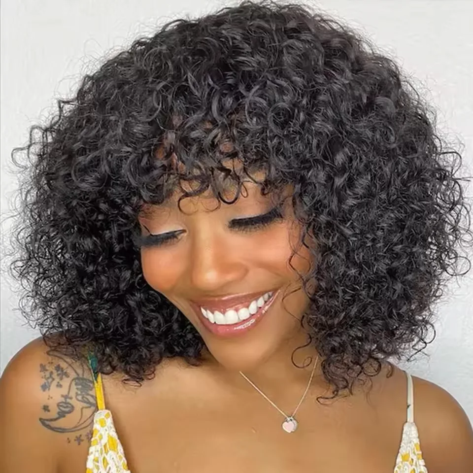 Curly Human Hair Wigs Full Machine Made for Women Short Bob With Bangs Affordable Natural Black Hairline Styling Ready