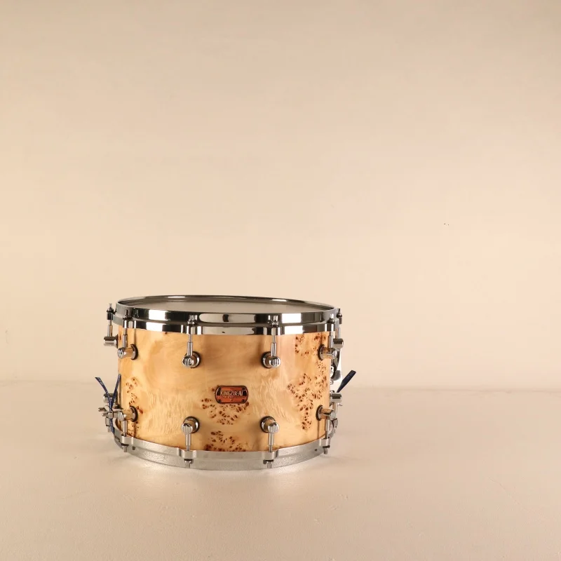 Chrome Burl Maple Snare Drum 14x8 Jazz and Stage Percussion with Electroplated Hardware and Exotic Wood Shell