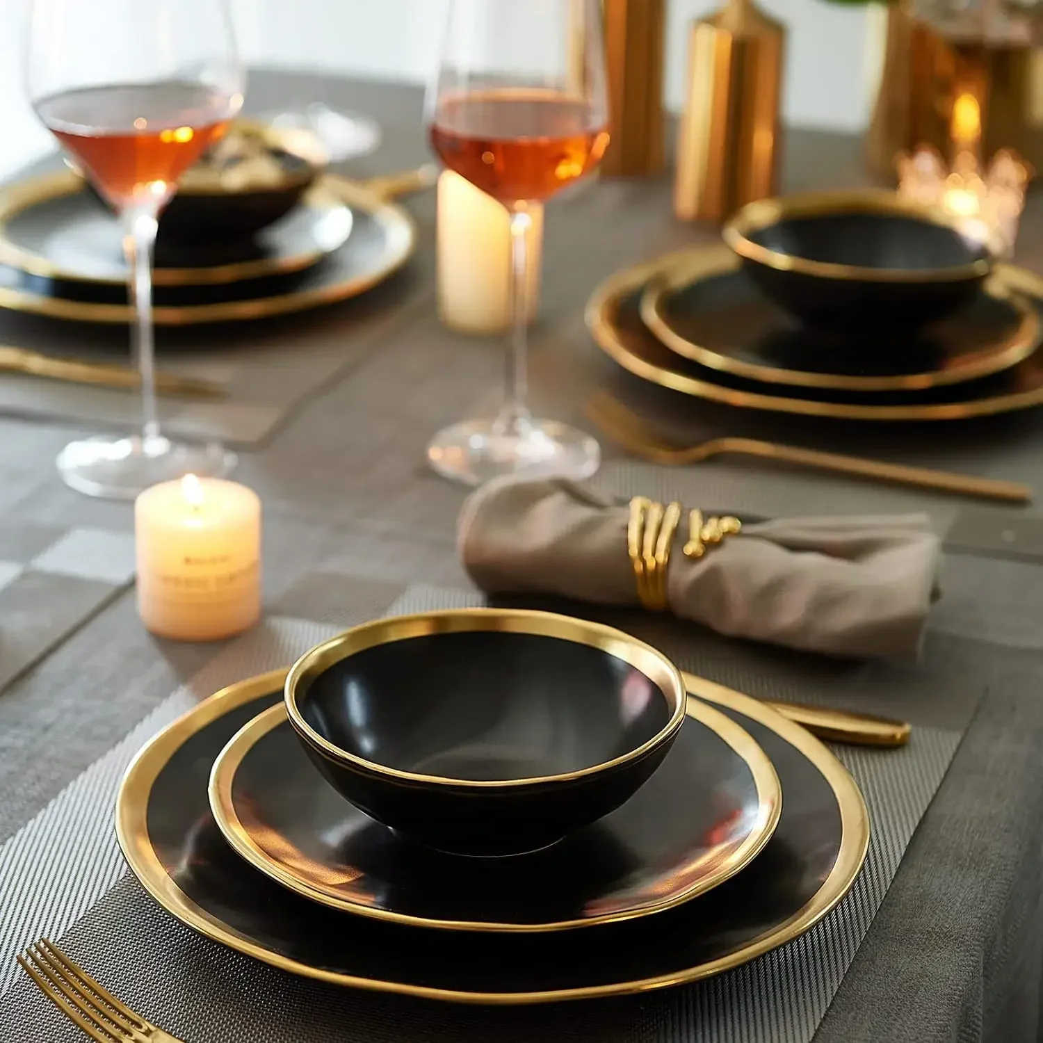 Matte Black Plates and Bowls Sets,12 Piece Dinnerware Sets Service for 4,Dishes,Round Plates, Bowls,Golden Rim Dish Set for Home