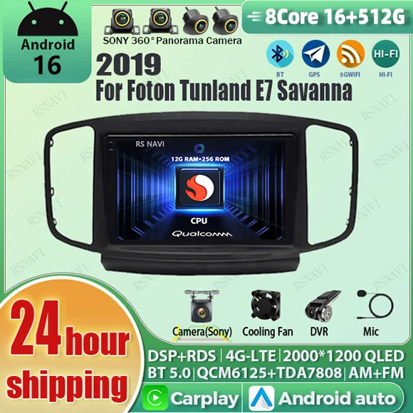 Radio para Auto con Android 16, Carplay, Qualcomm, Pantalla QLED 2K, Reproductor Multimedia con GPS, Wifi, 4G y Estéreo para Foton Tunland E7 Savanna 2019