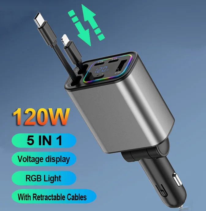 120W Quick Charger With 2 Retractable Cables Type C Car Phone Charger Voltmeter 5 in 1 Power Adapter RGB Light For IPhone IPad