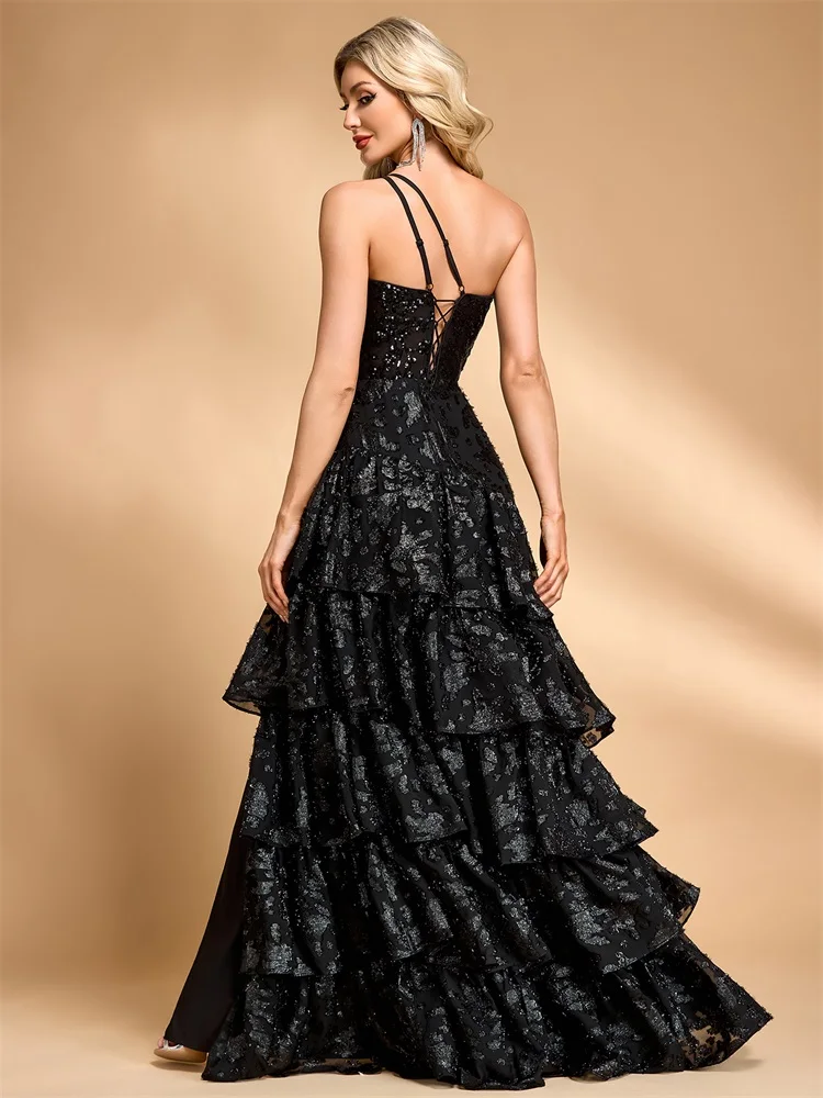 BLUEPLUM Abito da torta con scollo all'americana di lusso con spalle oblique Abiti da sera formali con spacco di paillettes di lusso Abiti da cocktail eleganti per feste a sirena