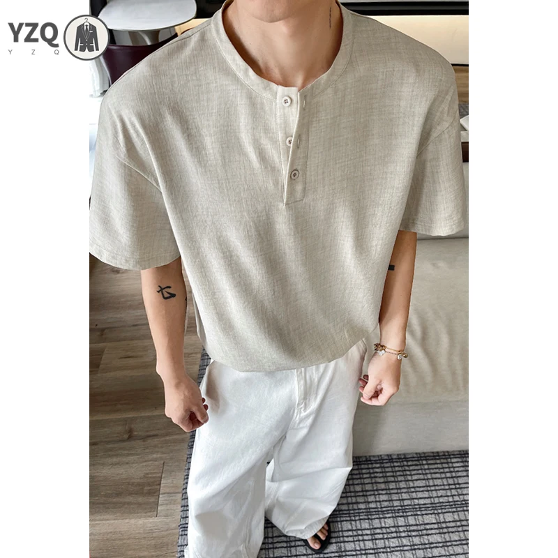 Men Breathable Linen Textured Short Sleeve T‑Shirt Henley Button Neck Loose Fit Top For Multiple Summer Casual Occasions