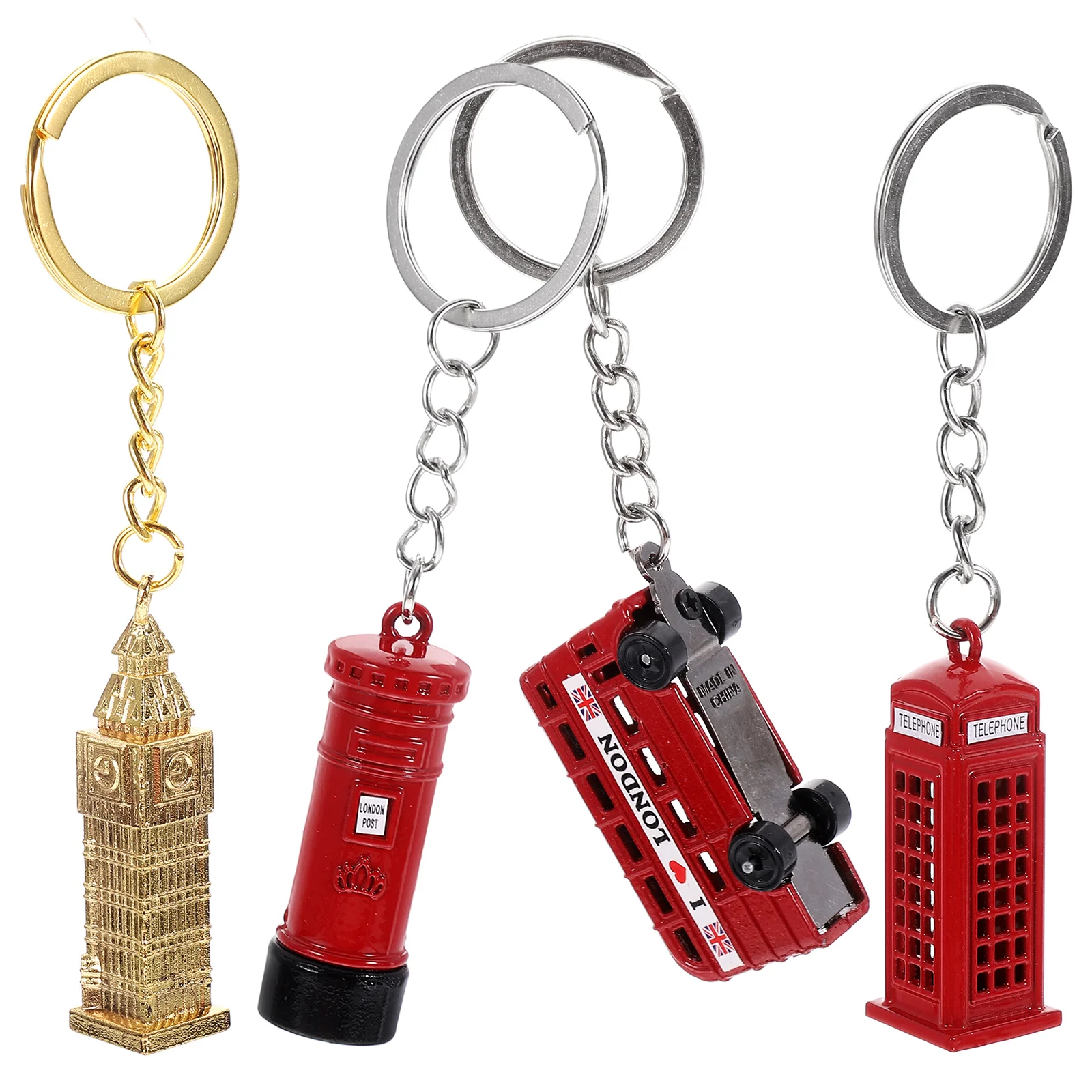 4 Pcs Key Chain Car Pendant Purse Hanging Charm Telephone Booth Keychain Alloy Bag Zinc England Style