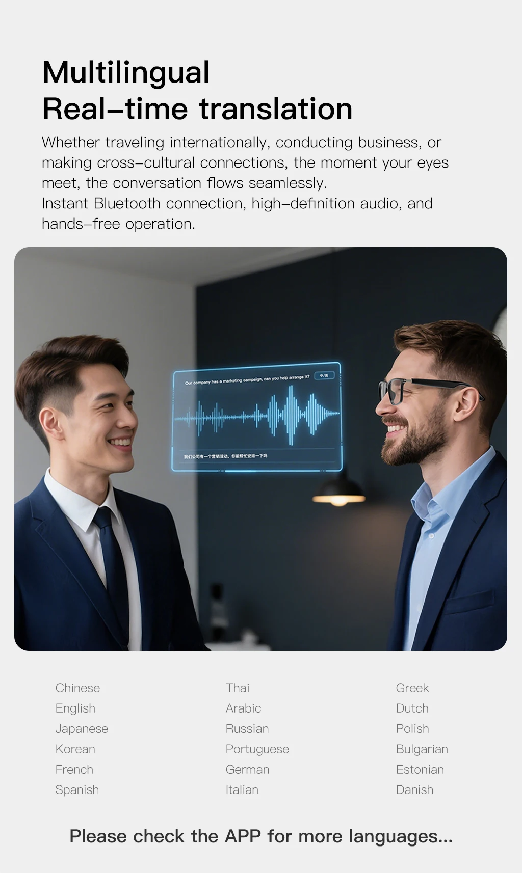 Óculos Inteligentes com Assistente de IA, Tradução em Tempo Real, Chamada Bluetooth, Reprodutor de Música para Homens e Mulheres