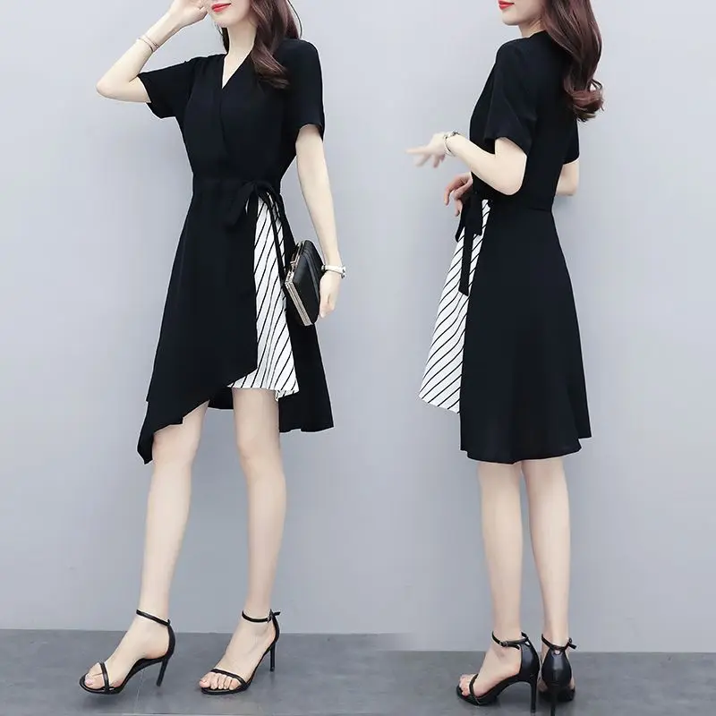 Womne's Clothing Retro Fashion Elegant Dresses 2023 Summer New Black Age Reducing V-Neck Waist Shrinking Slim Long Skirt