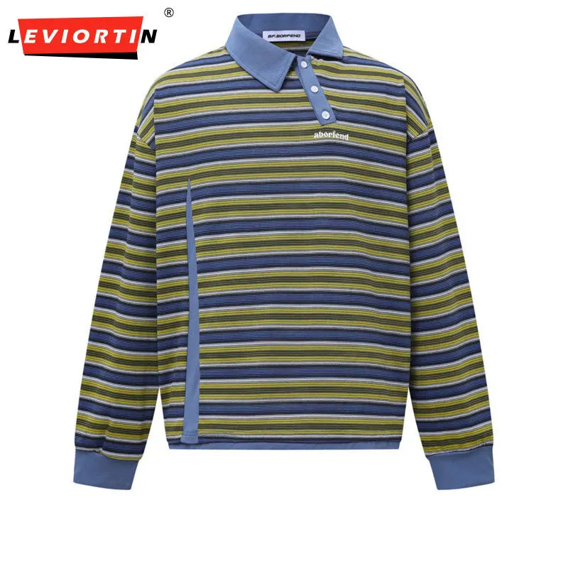 

2025 Men's Spring and Autumn American Fashion Trend Irregular Collar Stripe Collar Collar Collar Collar Long Sleeve T-shirt