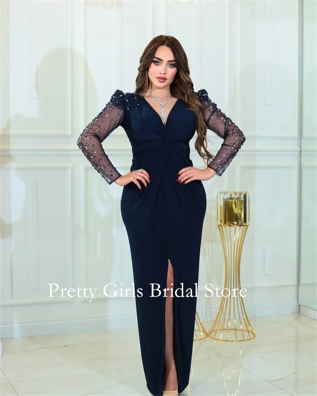 

Robe De Soirée с v-образным вырезом, длинное вечернее платье русалки, вечернее платье по индивидуальному заказу, платье для выпускного вечера с длинными рукавами и кристаллами, темно-синие платья для выпускного вечера