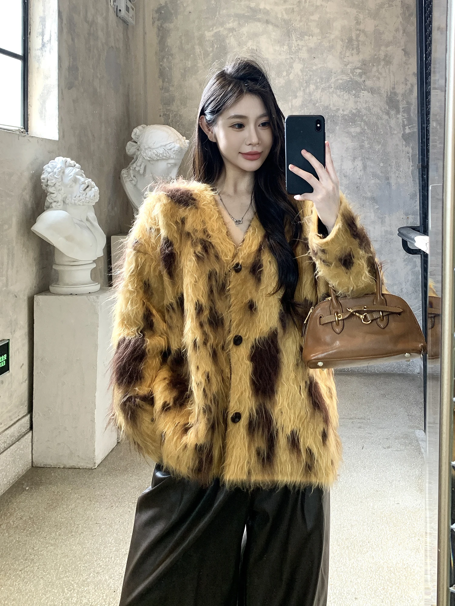 

Женский шерстяной кардиган Withmxboom с пуговицами, зимний, элегантный, с леопардовым принтом, свободный, повседневный, стройнящий, верхняя одежда