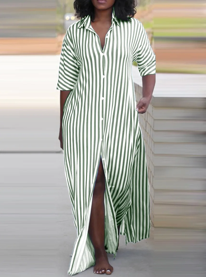 Casual Long Shirt Dresses For Women Summer 2024 Spring Autumn  Striped Print Loose Half Sleeve Button Maxi Dress Elegant Robes