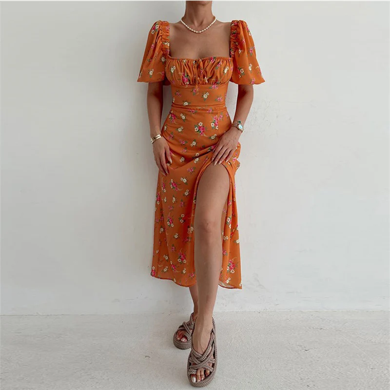 Summer Sun Dress Boho Off spalla collo quadrato manica corta stampa floreale Bodycon fessura abiti donna eleganti abiti da vacanza