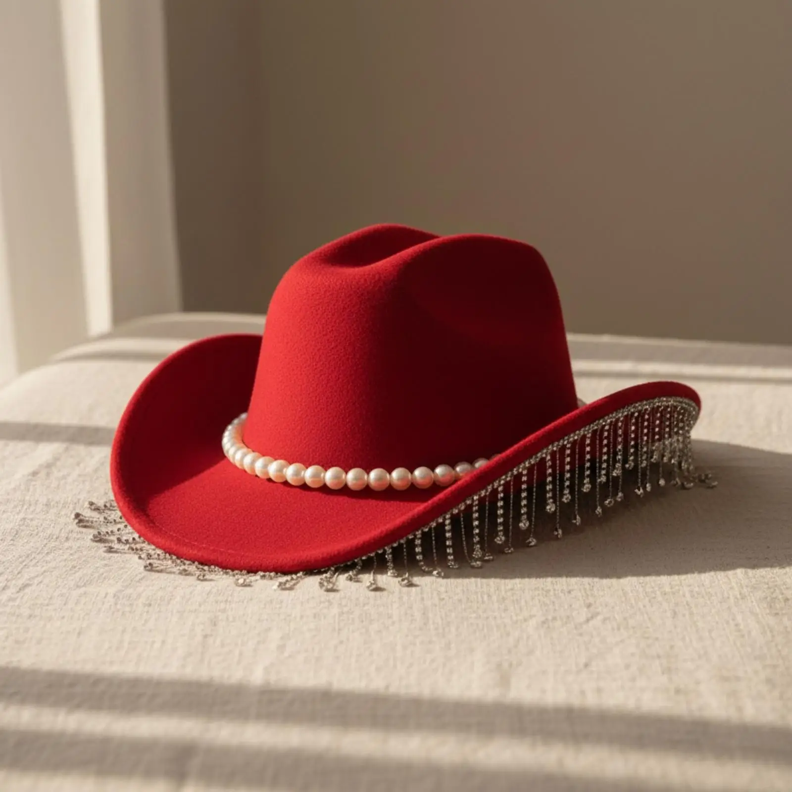 Stylish Wide Brim Felt Cowboy Hat One-Size Cowboy-Style Hat with Pearl Trim