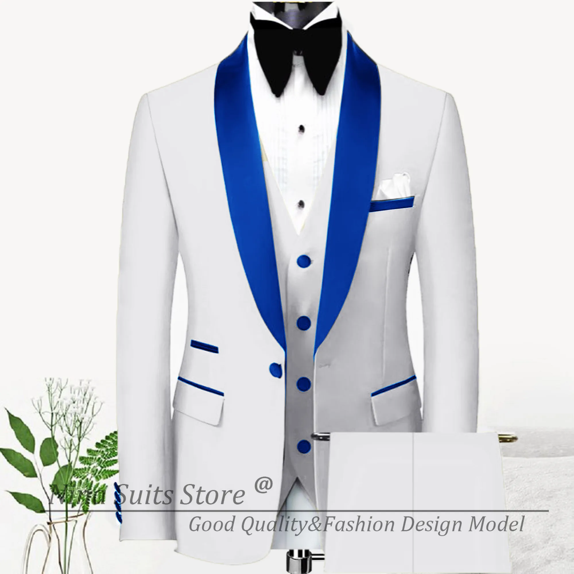 

G&N Men Dresses White Jacket+Pants+Vest Fashion Suits Royal Blue Shawl Lapel Blazer Slim Fit Party Formal Occasion Homme Costume