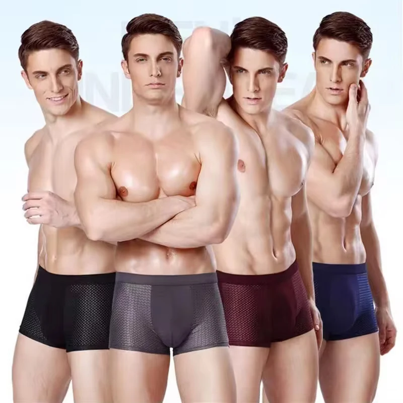 4pcs Men's Underwear Ice Silk Mesh Men Boxershorts Plus Size Panties Solid Sexy Men Boxer Summer Breathable Intimate Underpants