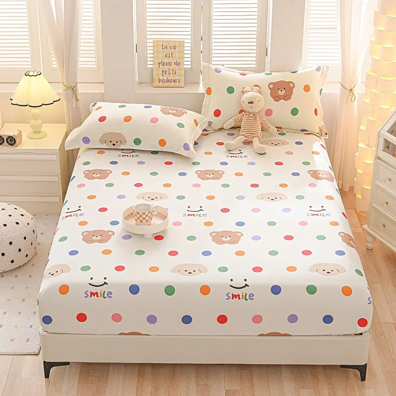 Colorful Polka Dots Cotton Fitted Sheet Set for Kids Adults Women Cute Bear Geometry Bedding Set Dots Bed Cover Bedroom Decor