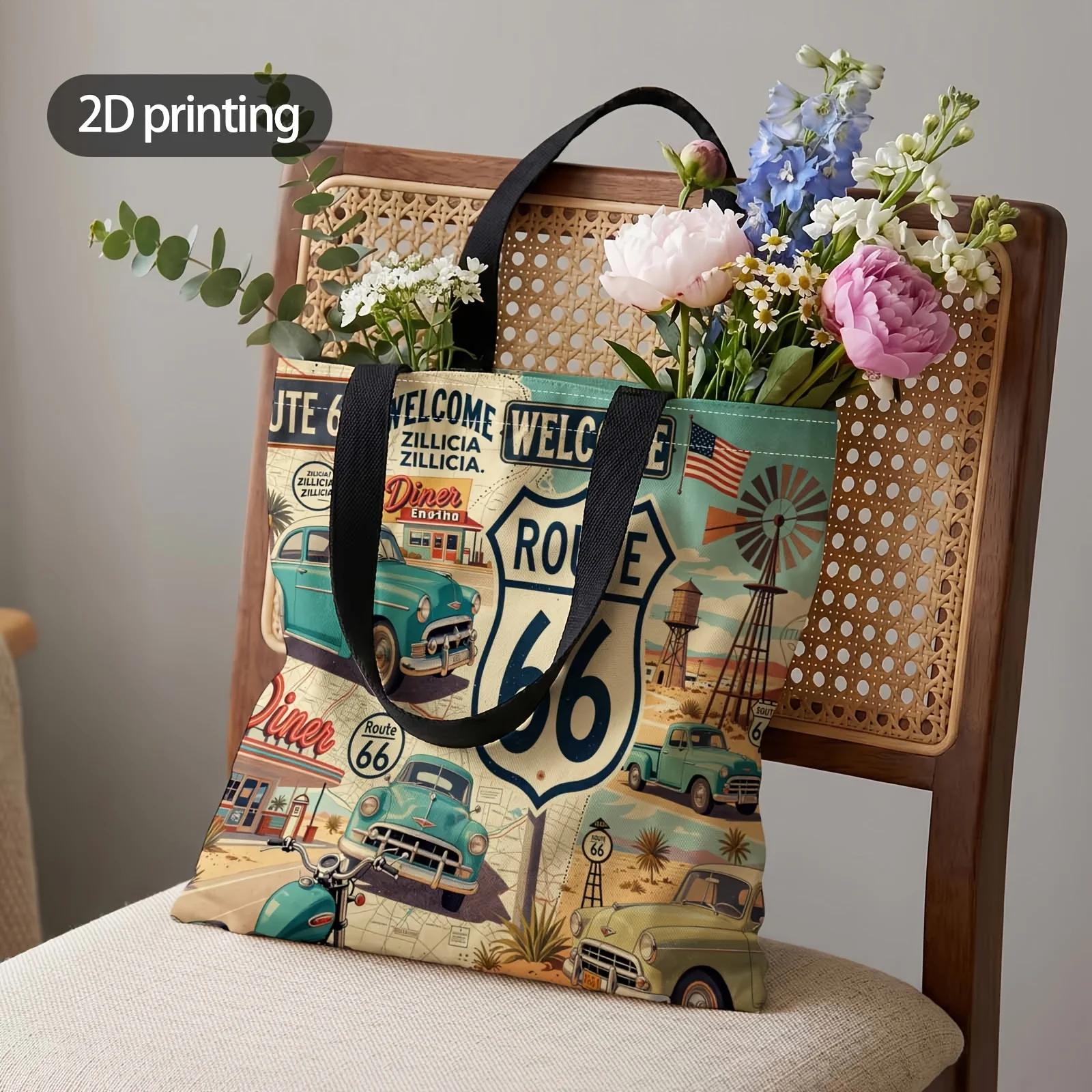 2D Printed Handbag with Route 66 Adventure Awaits Pattern,Reusable Fashion Shoulder Bag Shopping Tote Bag Suitable for Shopping