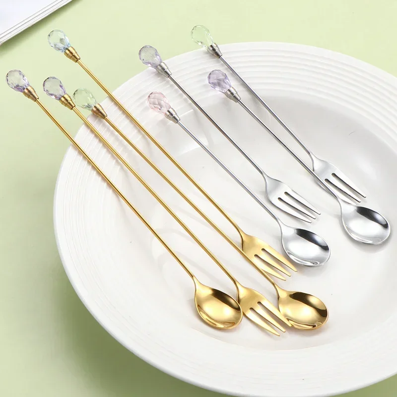 Stainless Steel Diamond Coffee Spoon and Fork Set Creative Crystal Long Handle, Perfect for Desserts, Ice Cream, Cake, and Fruit