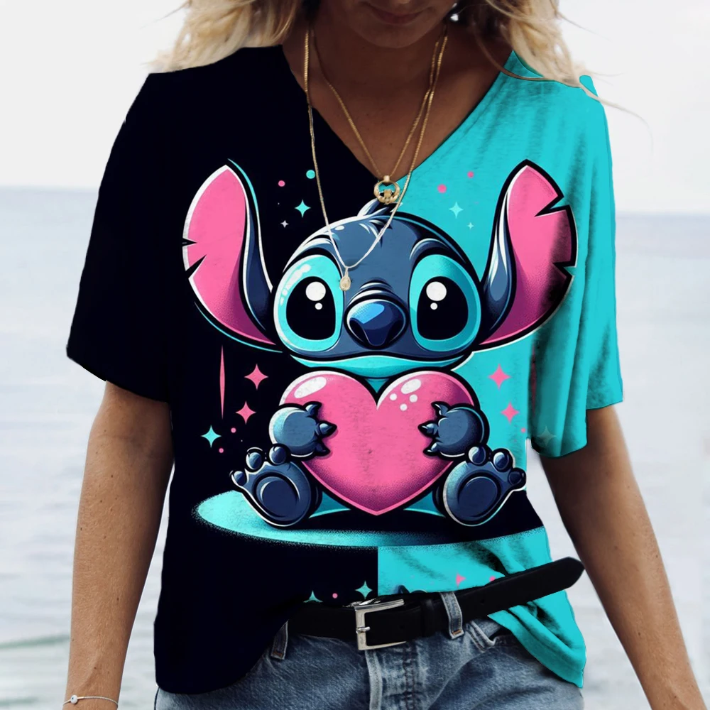 

Summer Women Cartoon T-shirt Disney's Lilo & Stitch Tops Tees Female Fashion Short Sleeve Clothing Ladies Casual Streetwear