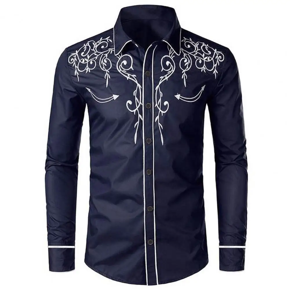 Herrenmode Slim Fit Hemd Western Cowboy Stil Stickerei Freizeithemd Top Langarm Reverskragen Einreiher Hemd