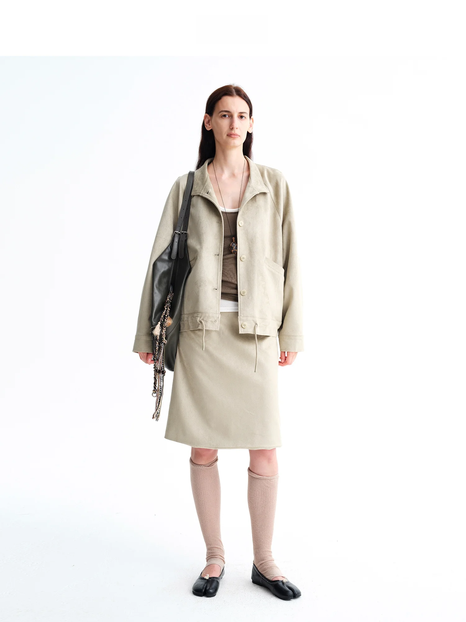 Minimalist Basic A-Line Suede Skirt High Waist Straight Body Half-length Simple Elegant Casual Polyester Fabric Zipper Closure