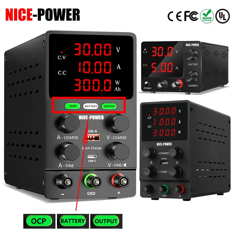 Fuente de alimentación de laboratorio CC ajustable, fuente de alimentación de banco de laboratorio, regulador de voltaje de fuente de alimentación de 30V 10A, 120V60V para carga de batería