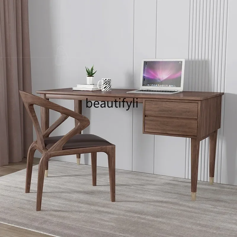 Black Walnut Desk Nordic Solid Wood Computer Desk Home Small Apartment Simple and Light Luxury Writing Desk