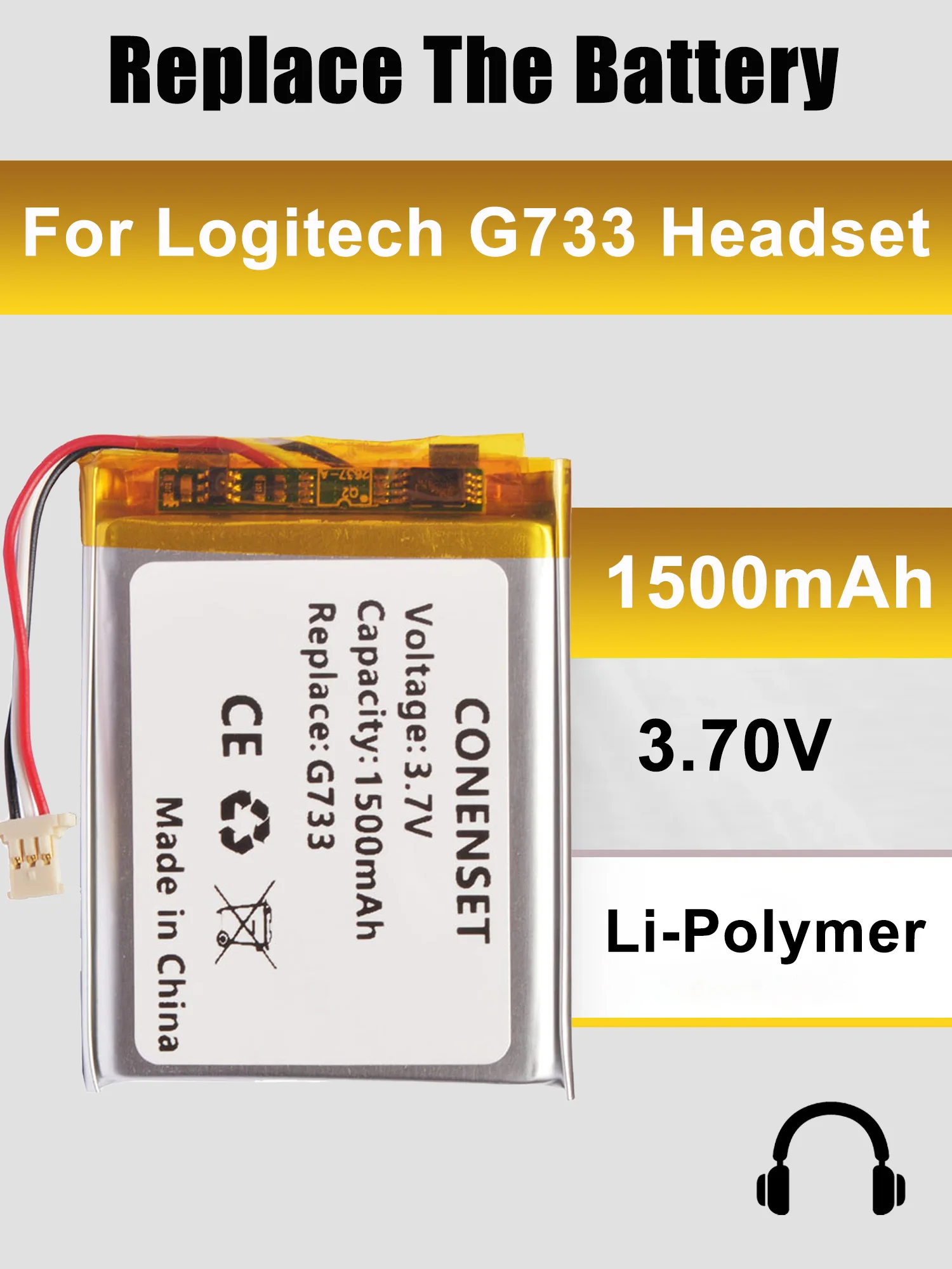 3.7V 1500mAh Replacement Battery with 3 Wire Plug for Logitech G733 LightSpeed Wireless Game Headset Headphones