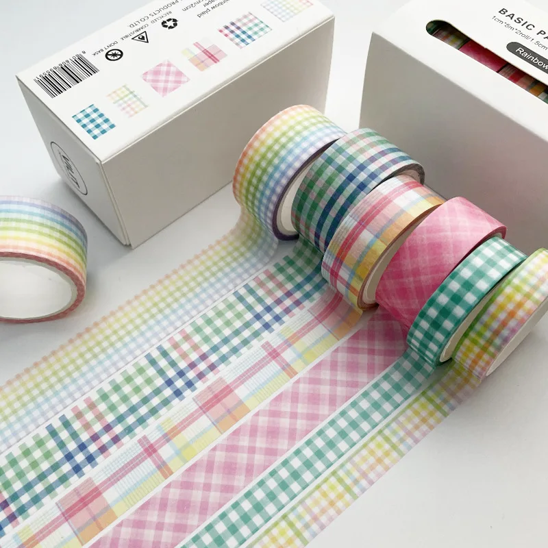 Basic Washi Tape Set Box Pack Simple Plaid Decorative Masking Tape for Journaling Scrapbooking DIY 5m Each