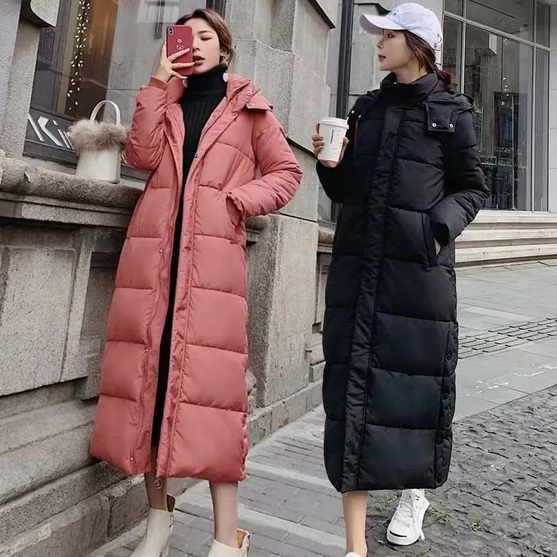 Winter Coat Women Super Long Parkas Hooded Thick Long Sleeve Puffer Jacket Padded Coat Loose Maxi Cotton Warm Coats Outerwear