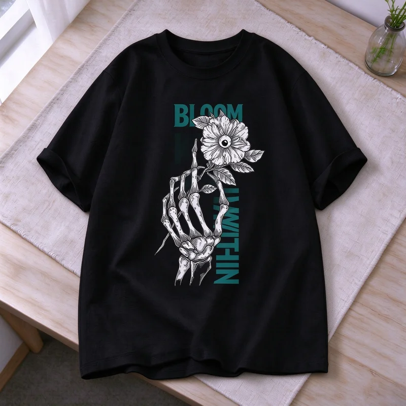 Gothic Skeleton Hand with Eye Flower T-shirt Bloom Within Graphic Tee Dark Academia Retro Casual Cotton Sleeve Harajuku Y2k Top