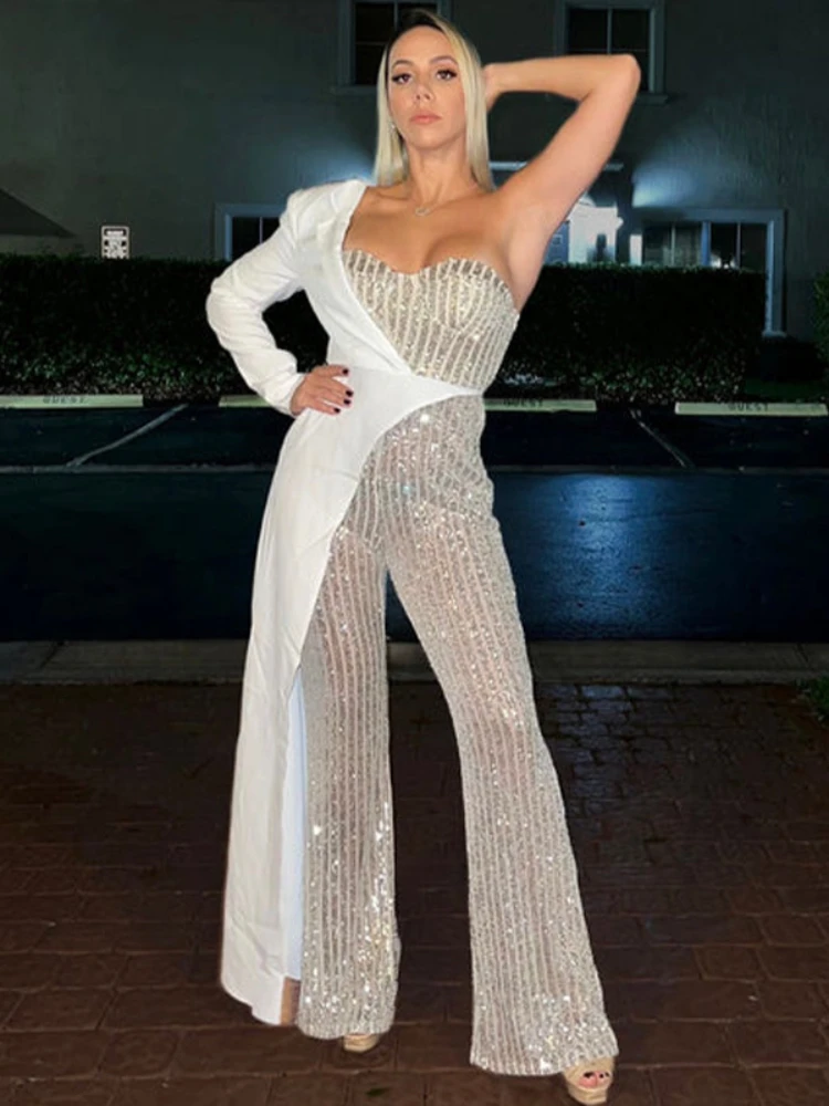 Silver Patchwork Sequin Single Shoulder Sequin Jumpsuit 2024 Summer Elegant Jumpsuit Luxury Fabric Fashion Women\'s Pencil Pants