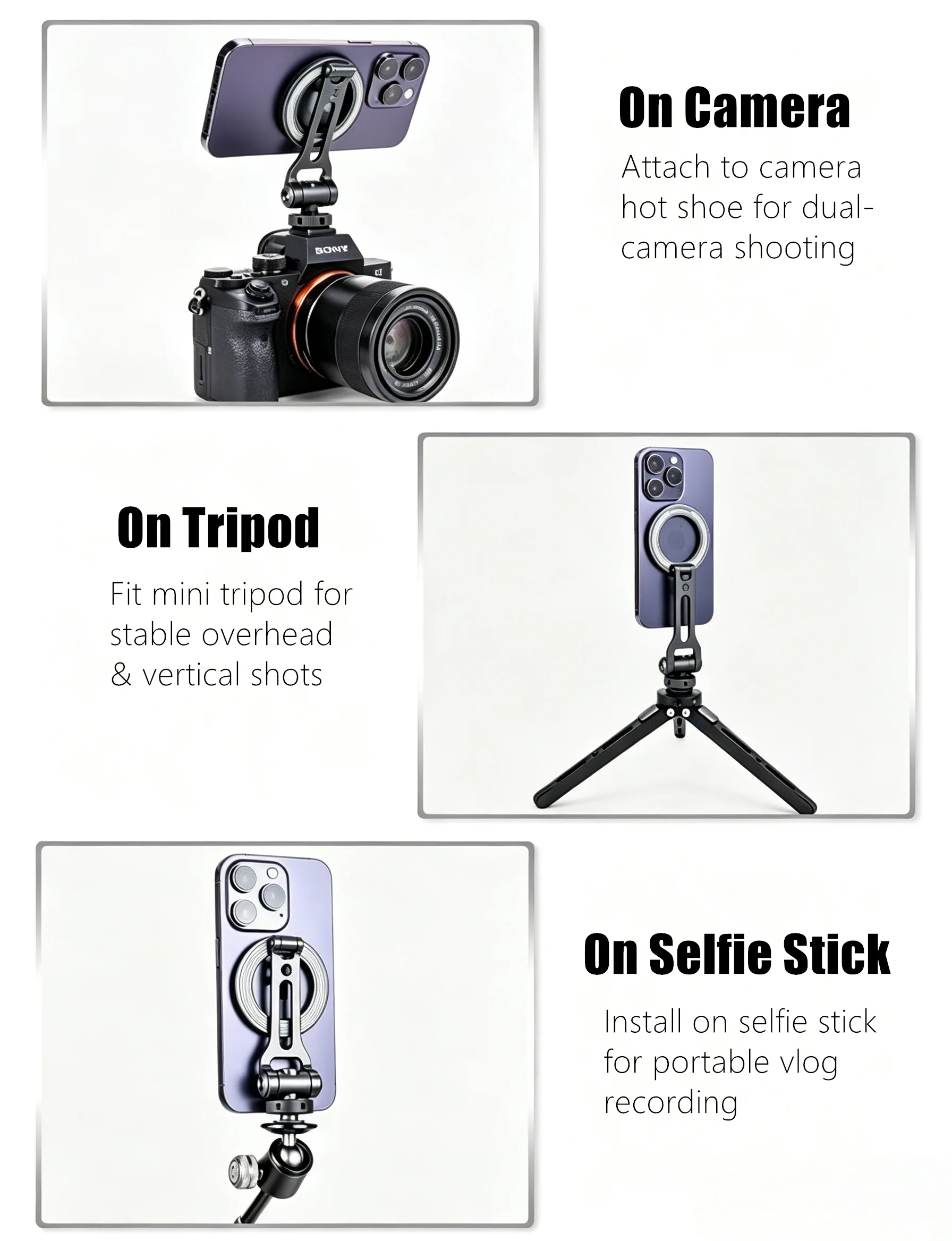 Camera Hot Shoe Magnetic Phone Holder, Full Rotation Aluminum MagSafe Bracket Compatible with Tripod Selfie Stick DSLR Cameras - view 6