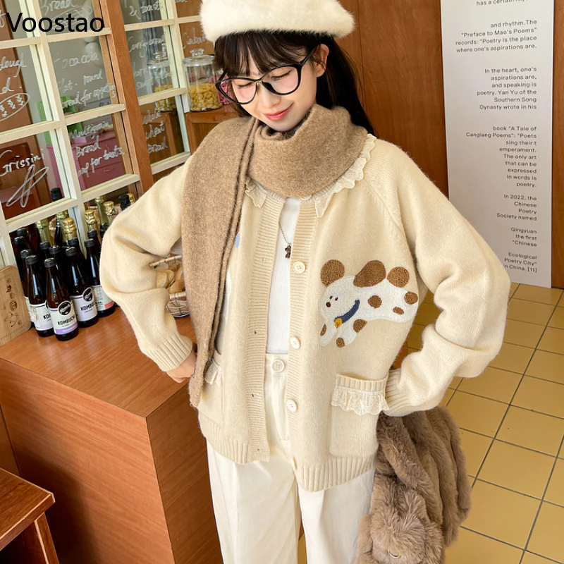 Autumn Sweet Lolita Style Knitted Cardigan Women Ruffles Cartoon Puppy Embroidery Loose Sweater Jacket Female Y2k Knitwear Tops