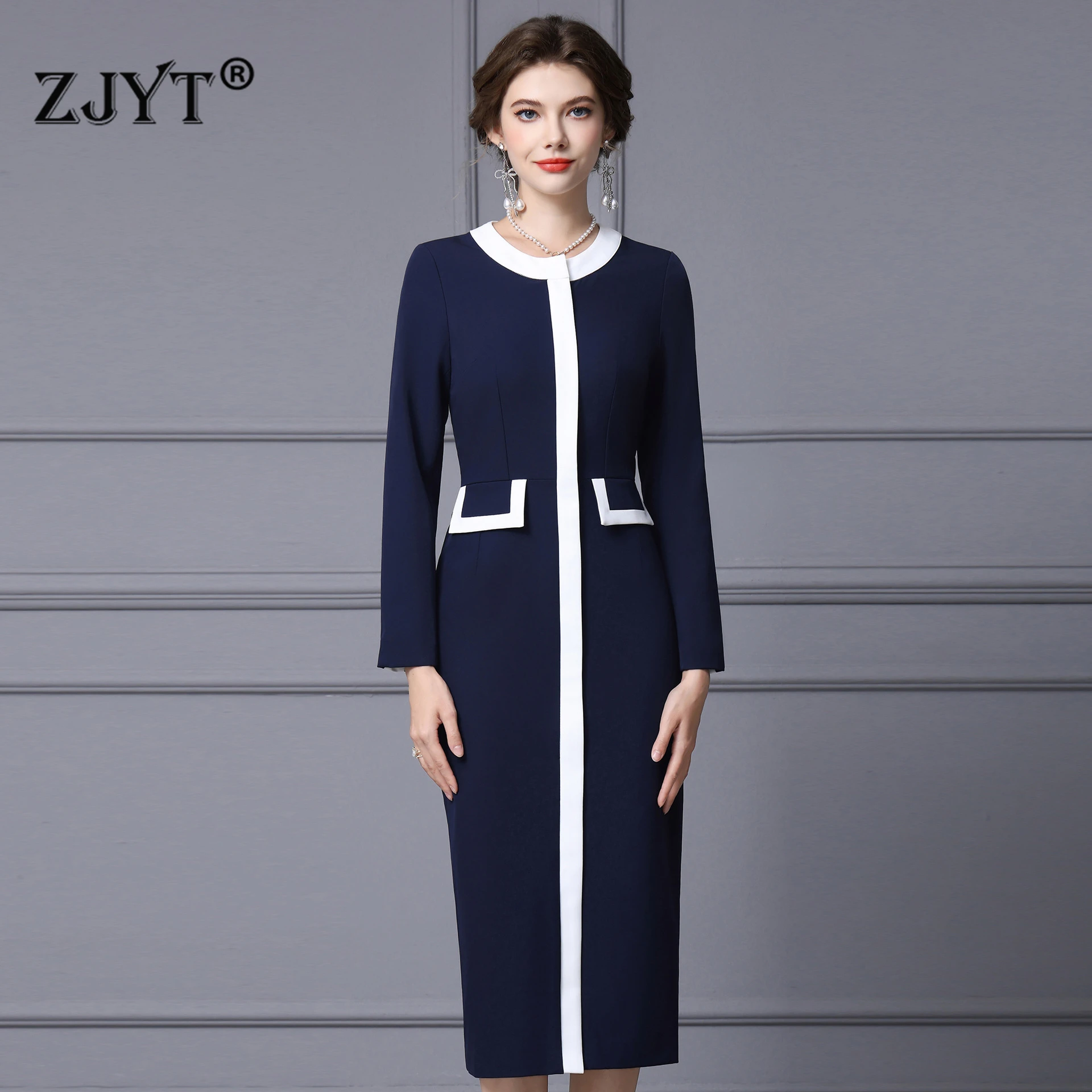 ZJYT Runway Fashion Autumn Color Block White and Blue Office Dress Women Elegant Long Sleeve Brief Midi Straight Dresses Vestido