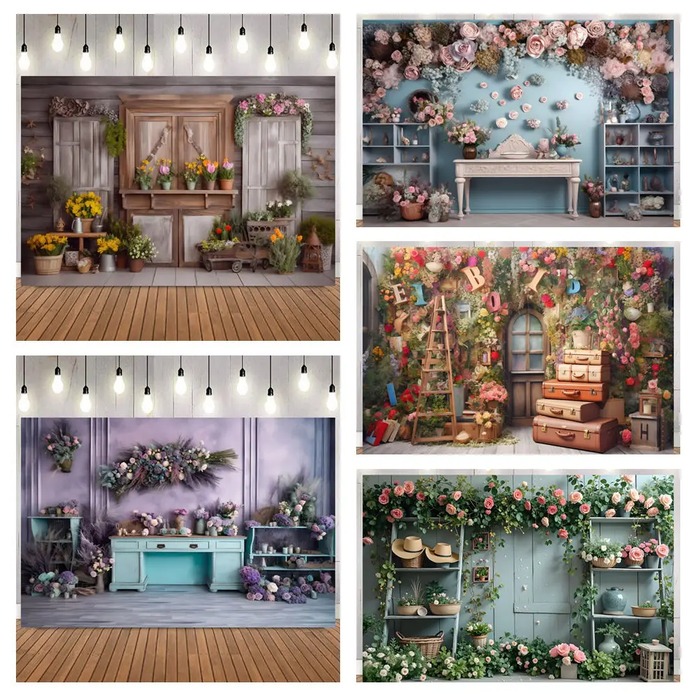 Vintage Floral Shop Scenery Photo Backdrop Elegant Spring Interior Photography Background for Portrait Home Decor Baby Shower