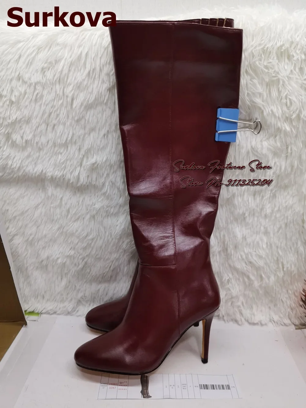 Surkova Plum Color Matte Leather Knee Boots Women Stiletto Heel Slim Long Boots Fall Winter Black Burgundy Dress Shoes Size46