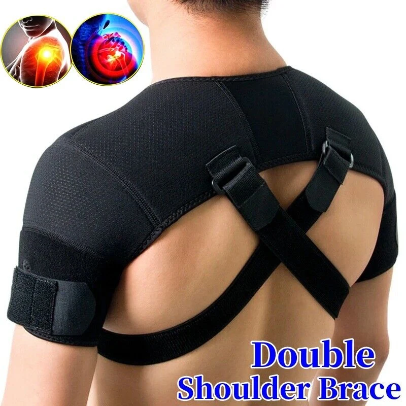 Adjustable Double Shoulder Brace Support Belt Compression Sleeve Strap Injury Pain Relief Gym Sports Care