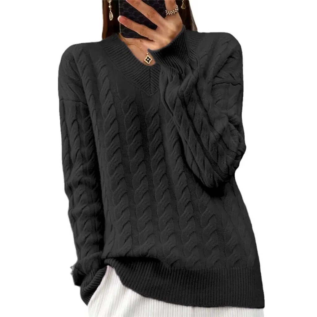

Женский однотонный пуловер с длинными рукавами и v-образным вырезом, свитер с цветочным узором, осенне-зимний модный топ для женщин