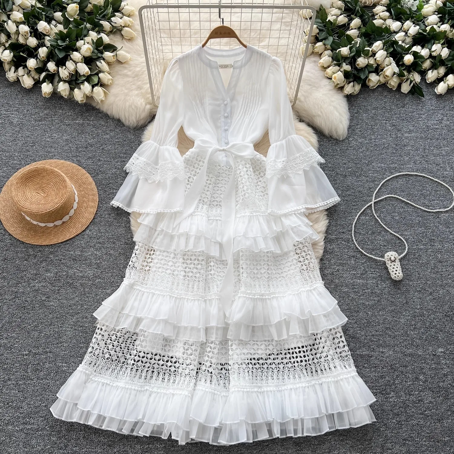 French Runway Spring Hollow Out Lace Patchwork Ruffled Long Dress Vintage Women V Neck Flare Sleeve High Waist Belt Loose Dress