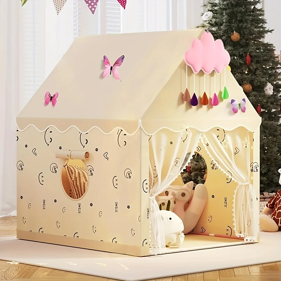 Tente de conte de fées princesse pour enfants, tente de jeu de Style chalet rose et Beige avec décor de papillon nuage, en Fiber synthétique, pour l'intérieur et l'extérieur