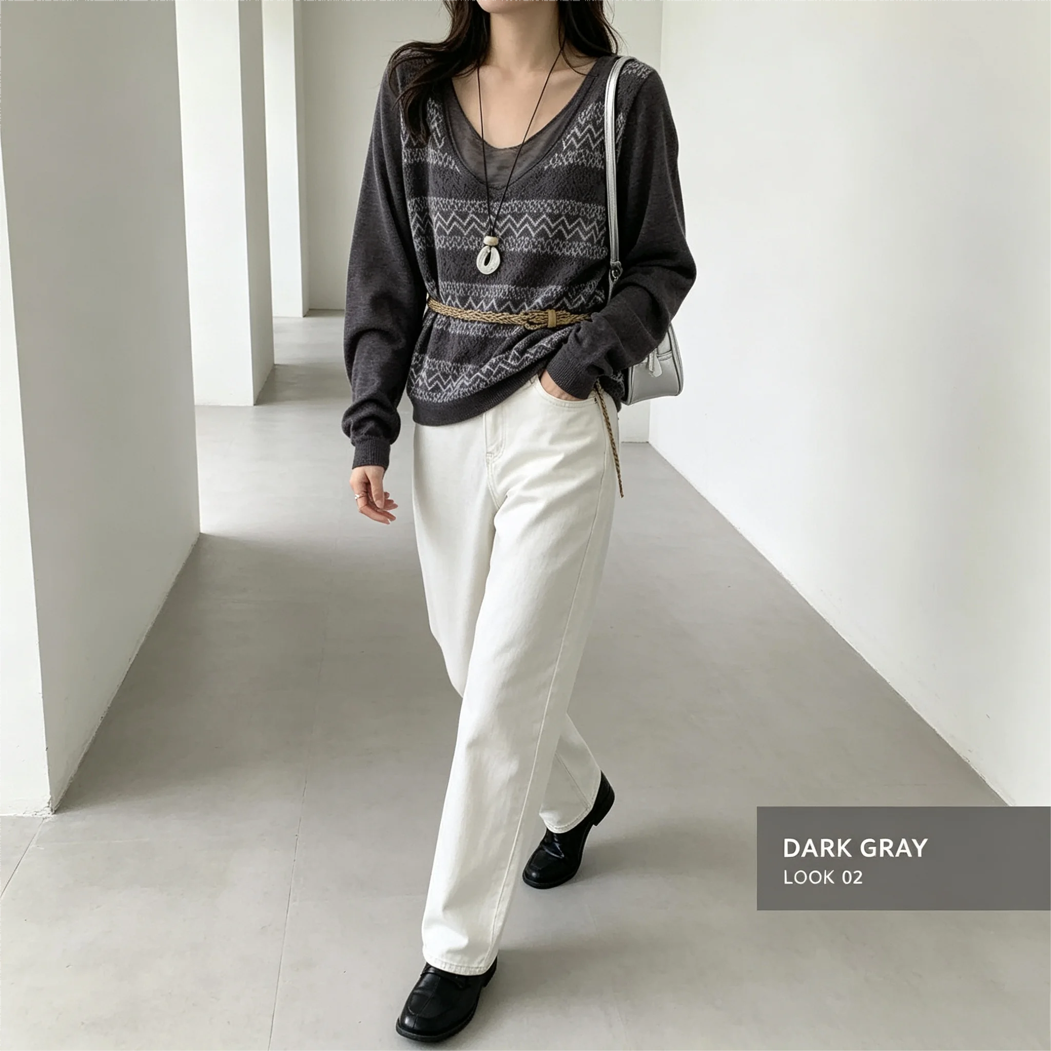Vintage Jacquard V Neck Women's Long Sleeve Sweater Hollow out Loose Casual Knitted Top for Ladies