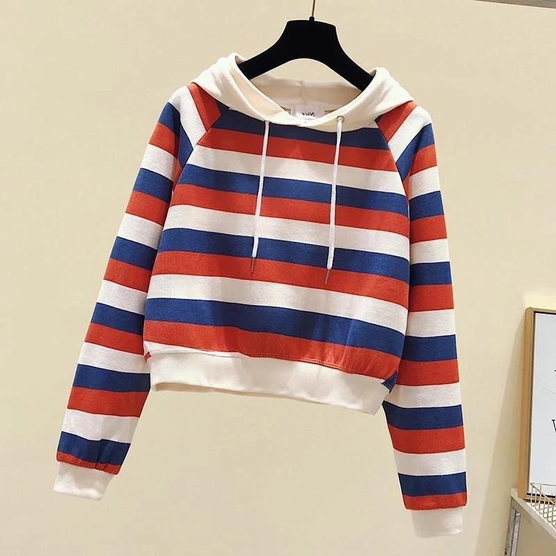 spring autumn Women's Pullover Fashion Casual loose stripe Hooded Sweatshirt young girl short Sports Tops hoodies women clothes