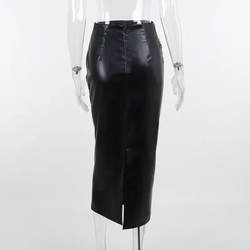 خريف شتاء أسود بولي Leather الجلود تنّورة مجسّمة موضة عالية الخصر نحيل تنورة طويلة للنساء الشارع الشهير الكورية نمط تنورة بيضاء