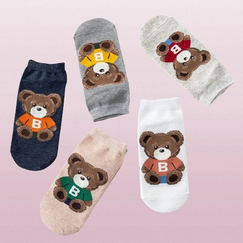 Chaussettes courtes respirantes en coton pour femmes, bateau, ours de dessin animé, chaussettes décontractées, style collège, chaussettes droites, 5/10 paires