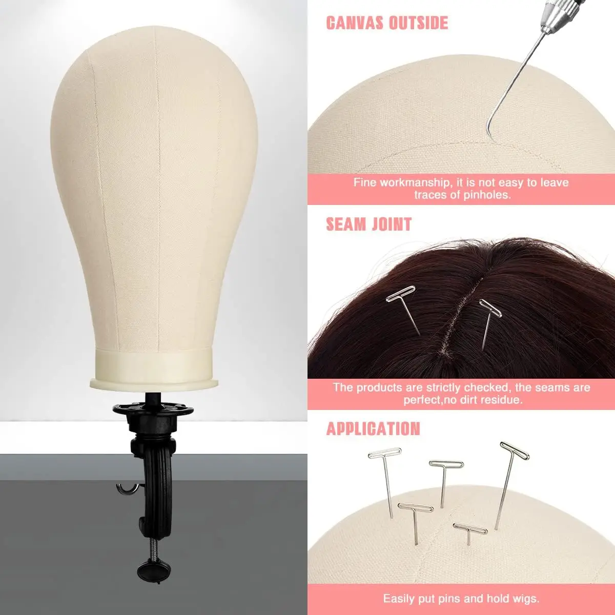 Cabeza de peluca de maniquí con cabeza de bloque de lienzo de 22 pulgadas, trípode con soporte para peluca con cabeza, cabeza de maniquí, cabeza de estilo para exhibición de peluca con aguja en T