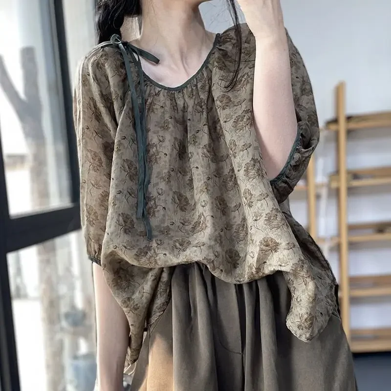 Women's Vintage Floral Print Lace Up Linen Blouse Summer Trendy Casual Streetwear Half Sleeve Loose Shirt Y2K Tops Blusas B373