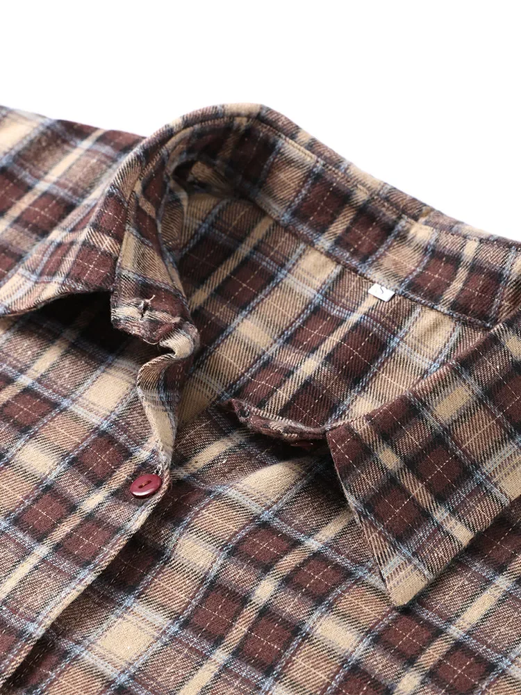 البلوزات البني منقوشة المرأة عادية كم طويل قمصان فضفاضة رفض طوق موضة ربيع الخريف مكتب سيدة الشارع الشهير