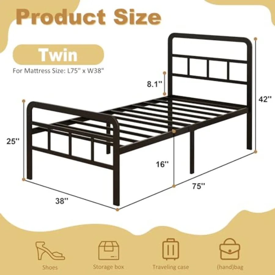 Telai letto matrimoniali da 16 pollici con testiera e pediera, doghe in metallo resistenti, supporto piattaforma doppia, senza bisogno di molle