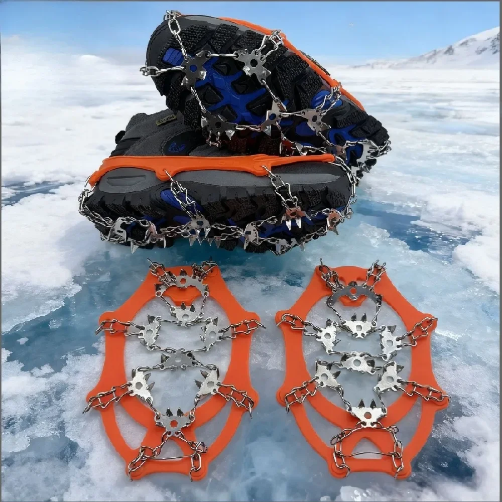 8‑Tooth Stainless Steel Chain Ice Cleats Anti‑Slip Snow Shoe Grips Traction Crampons for Winter Hiking Walking Climbing Fishing