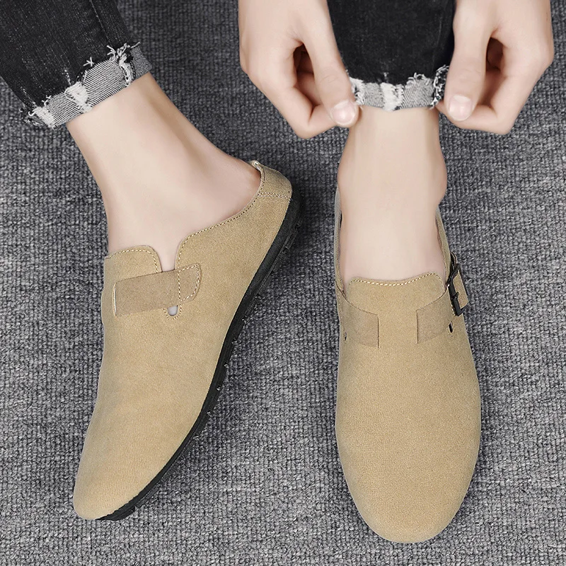 Summer Light Khaki Half Shoes For Men Dress Shoes Mules Man Slides Leather Casual Shoes Backless Loafers Slippers Flats Sandals